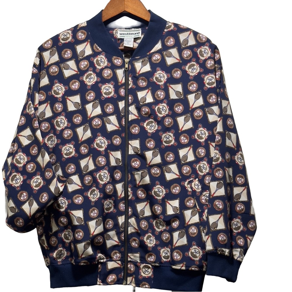 Vintage 90s Westbound Sport Tennis Club Bomber Jacket - Size Large - Bold Print